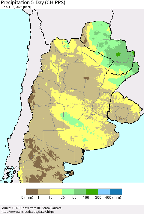 Southern South America Precipitation 5-Day (CHIRPS) Thematic Map For 1/1/2023 - 1/5/2023