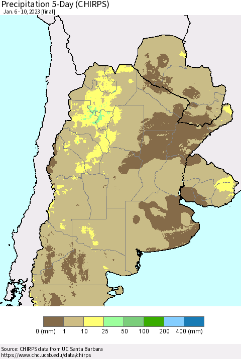 Southern South America Precipitation 5-Day (CHIRPS) Thematic Map For 1/6/2023 - 1/10/2023