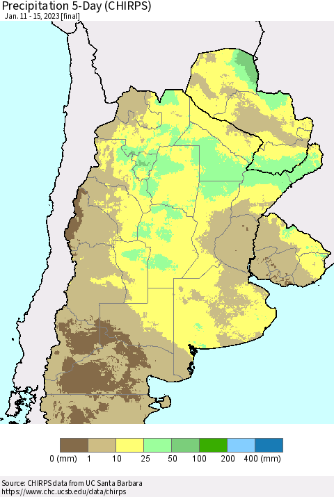 Southern South America Precipitation 5-Day (CHIRPS) Thematic Map For 1/11/2023 - 1/15/2023