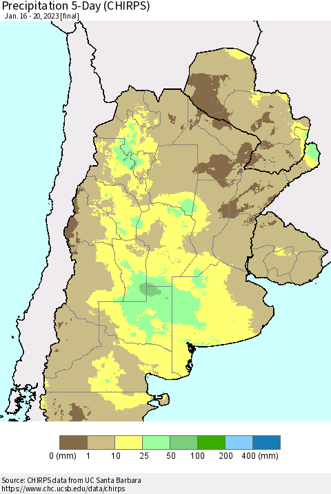 Southern South America Precipitation 5-Day (CHIRPS) Thematic Map For 1/16/2023 - 1/20/2023