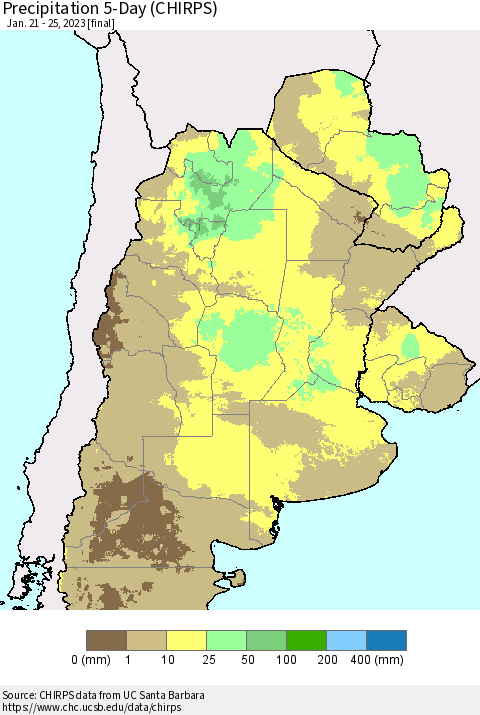 Southern South America Precipitation 5-Day (CHIRPS) Thematic Map For 1/21/2023 - 1/25/2023