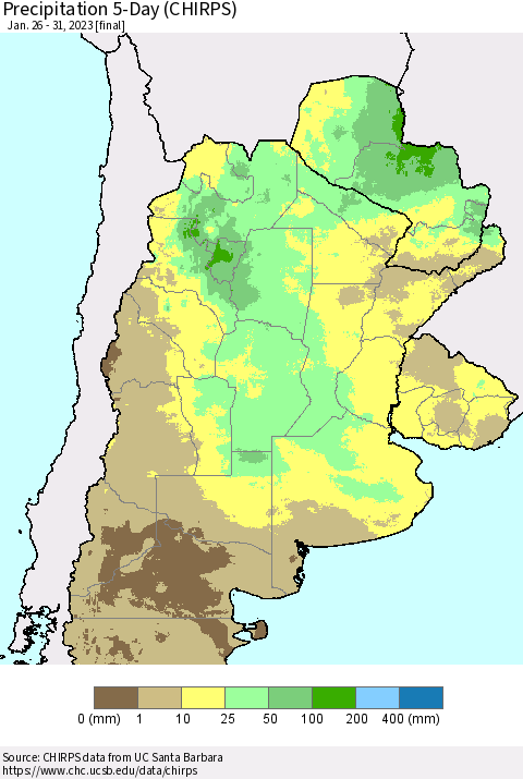 Southern South America Precipitation 5-Day (CHIRPS) Thematic Map For 1/26/2023 - 1/31/2023