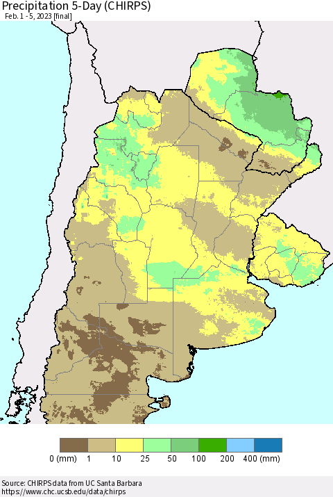 Southern South America Precipitation 5-Day (CHIRPS) Thematic Map For 2/1/2023 - 2/5/2023