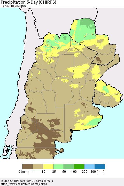 Southern South America Precipitation 5-Day (CHIRPS) Thematic Map For 2/6/2023 - 2/10/2023
