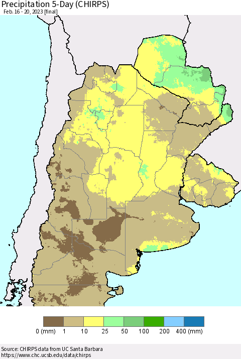 Southern South America Precipitation 5-Day (CHIRPS) Thematic Map For 2/16/2023 - 2/20/2023