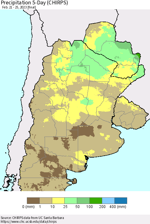 Southern South America Precipitation 5-Day (CHIRPS) Thematic Map For 2/21/2023 - 2/25/2023