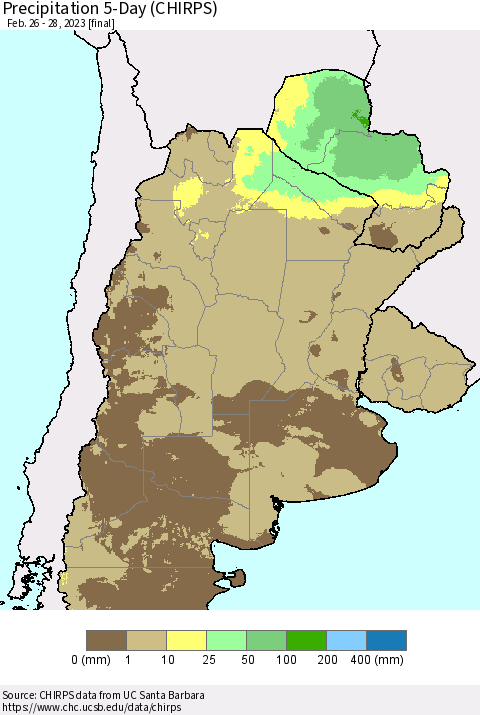 Southern South America Precipitation 5-Day (CHIRPS) Thematic Map For 2/26/2023 - 2/28/2023