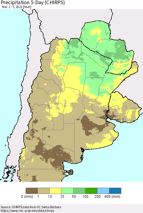 Southern South America Precipitation 5-Day (CHIRPS) Thematic Map For 3/1/2023 - 3/5/2023