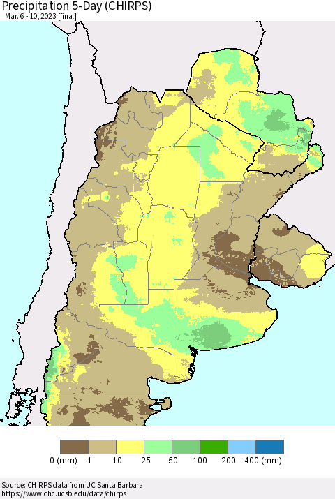 Southern South America Precipitation 5-Day (CHIRPS) Thematic Map For 3/6/2023 - 3/10/2023