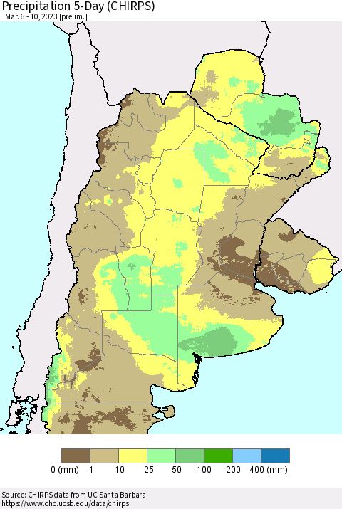 Southern South America Precipitation 5-Day (CHIRPS) Thematic Map For 3/6/2023 - 3/10/2023