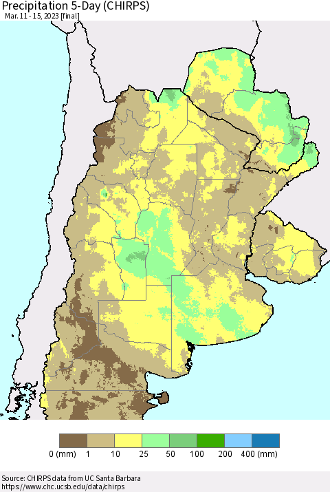 Southern South America Precipitation 5-Day (CHIRPS) Thematic Map For 3/11/2023 - 3/15/2023