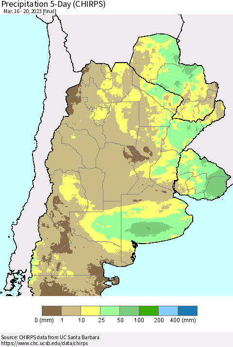 Southern South America Precipitation 5-Day (CHIRPS) Thematic Map For 3/16/2023 - 3/20/2023