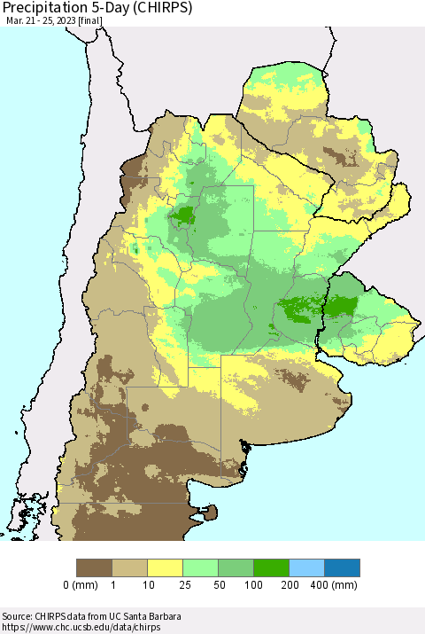 Southern South America Precipitation 5-Day (CHIRPS) Thematic Map For 3/21/2023 - 3/25/2023