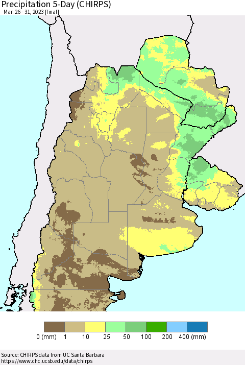 Southern South America Precipitation 5-Day (CHIRPS) Thematic Map For 3/26/2023 - 3/31/2023
