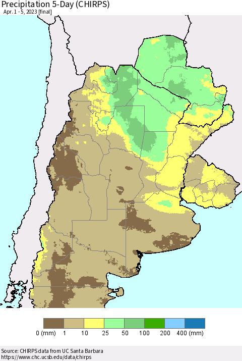 Southern South America Precipitation 5-Day (CHIRPS) Thematic Map For 4/1/2023 - 4/5/2023