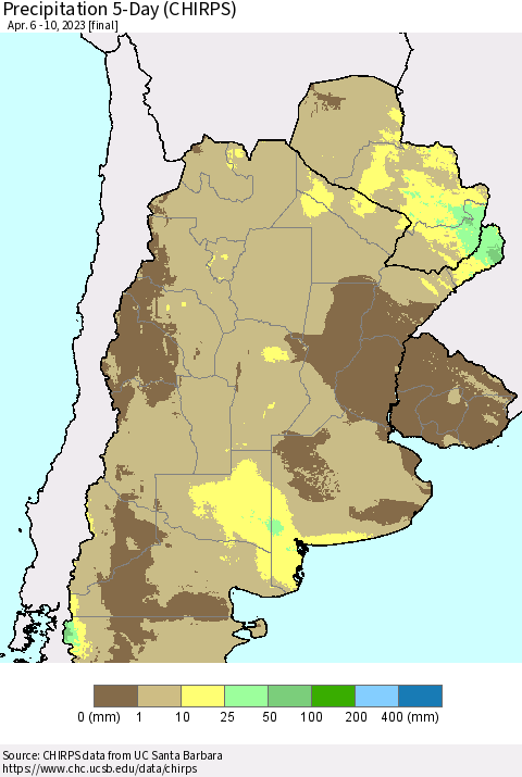 Southern South America Precipitation 5-Day (CHIRPS) Thematic Map For 4/6/2023 - 4/10/2023