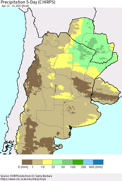 Southern South America Precipitation 5-Day (CHIRPS) Thematic Map For 4/11/2023 - 4/15/2023