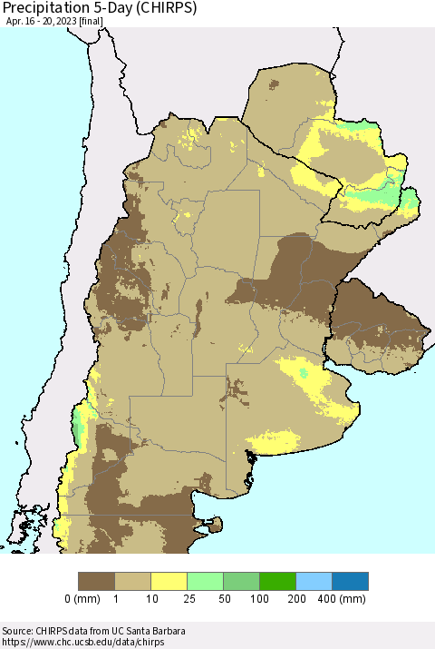 Southern South America Precipitation 5-Day (CHIRPS) Thematic Map For 4/16/2023 - 4/20/2023