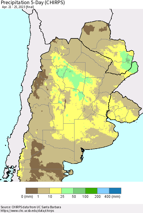 Southern South America Precipitation 5-Day (CHIRPS) Thematic Map For 4/21/2023 - 4/25/2023
