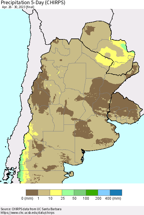 Southern South America Precipitation 5-Day (CHIRPS) Thematic Map For 4/26/2023 - 4/30/2023
