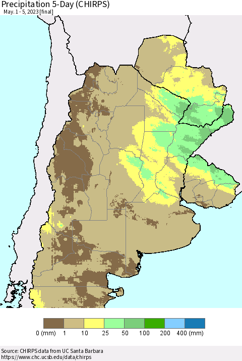 Southern South America Precipitation 5-Day (CHIRPS) Thematic Map For 5/1/2023 - 5/5/2023