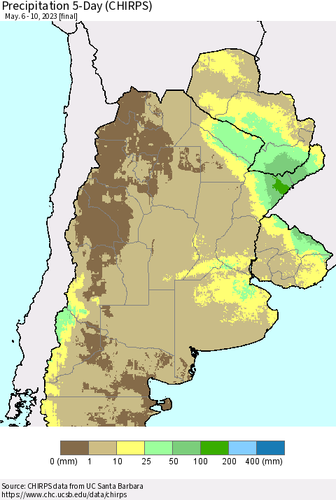 Southern South America Precipitation 5-Day (CHIRPS) Thematic Map For 5/6/2023 - 5/10/2023