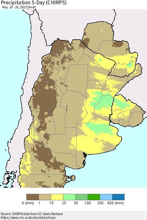 Southern South America Precipitation 5-Day (CHIRPS) Thematic Map For 5/16/2023 - 5/20/2023