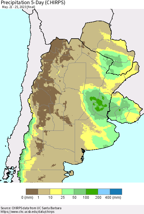 Southern South America Precipitation 5-Day (CHIRPS) Thematic Map For 5/21/2023 - 5/25/2023