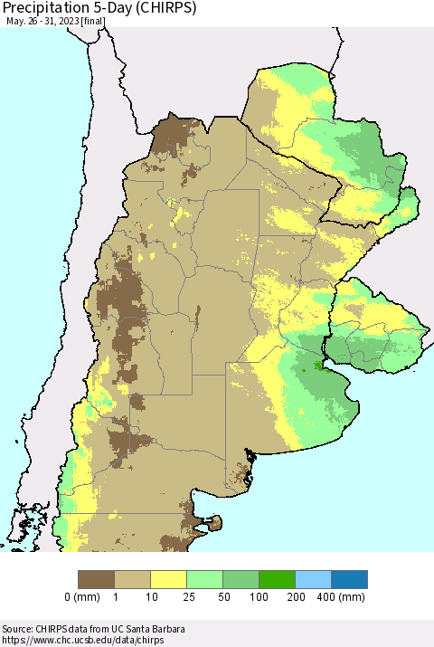 Southern South America Precipitation 5-Day (CHIRPS) Thematic Map For 5/26/2023 - 5/31/2023