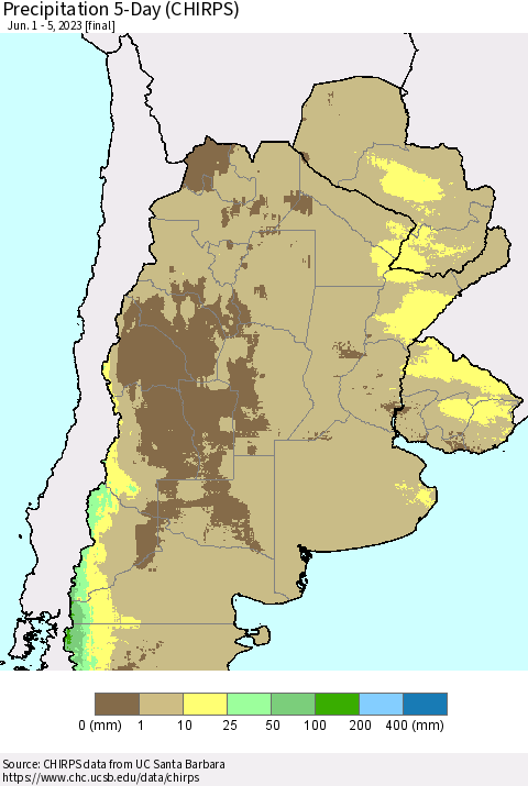Southern South America Precipitation 5-Day (CHIRPS) Thematic Map For 6/1/2023 - 6/5/2023