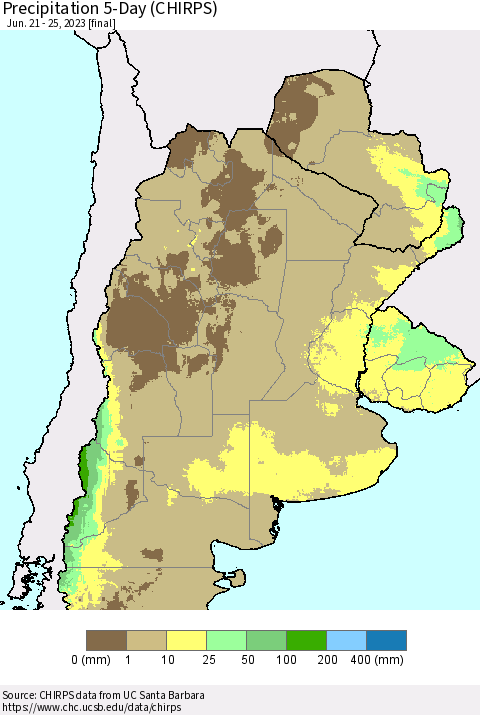 Southern South America Precipitation 5-Day (CHIRPS) Thematic Map For 6/21/2023 - 6/25/2023