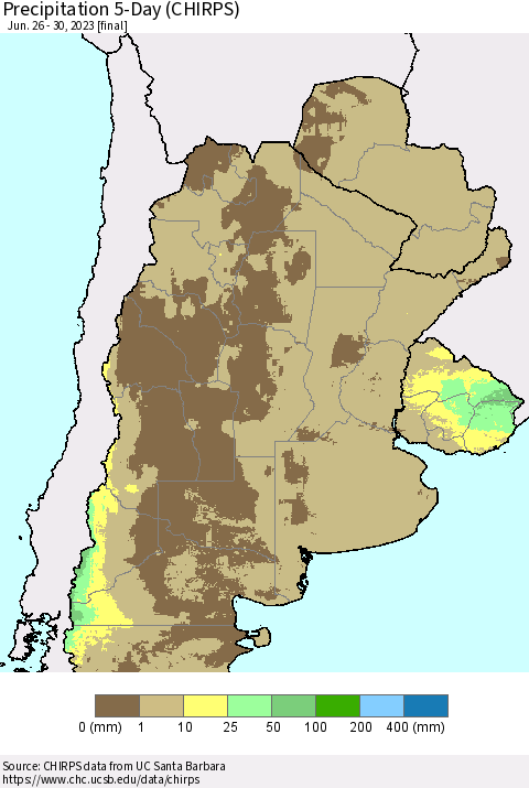 Southern South America Precipitation 5-Day (CHIRPS) Thematic Map For 6/26/2023 - 6/30/2023