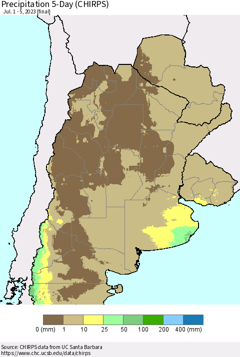 Southern South America Precipitation 5-Day (CHIRPS) Thematic Map For 7/1/2023 - 7/5/2023