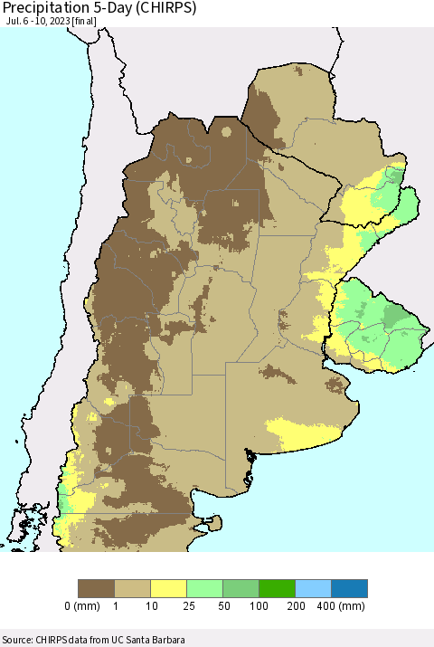 Southern South America Precipitation 5-Day (CHIRPS) Thematic Map For 7/6/2023 - 7/10/2023