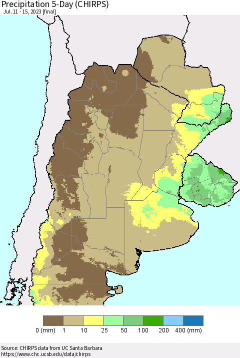 Southern South America Precipitation 5-Day (CHIRPS) Thematic Map For 7/11/2023 - 7/15/2023