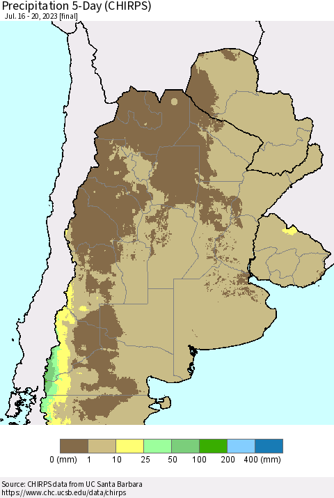 Southern South America Precipitation 5-Day (CHIRPS) Thematic Map For 7/16/2023 - 7/20/2023