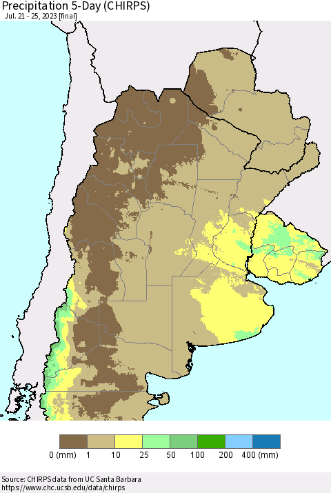 Southern South America Precipitation 5-Day (CHIRPS) Thematic Map For 7/21/2023 - 7/25/2023