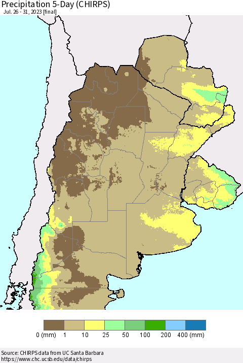 Southern South America Precipitation 5-Day (CHIRPS) Thematic Map For 7/26/2023 - 7/31/2023