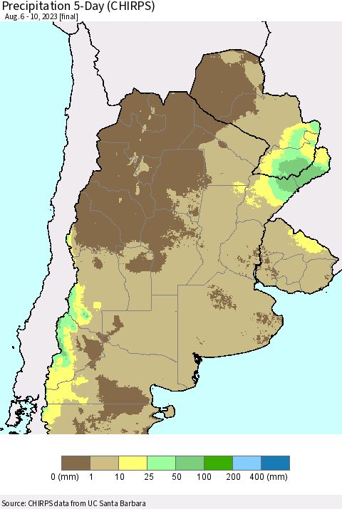 Southern South America Precipitation 5-Day (CHIRPS) Thematic Map For 8/6/2023 - 8/10/2023