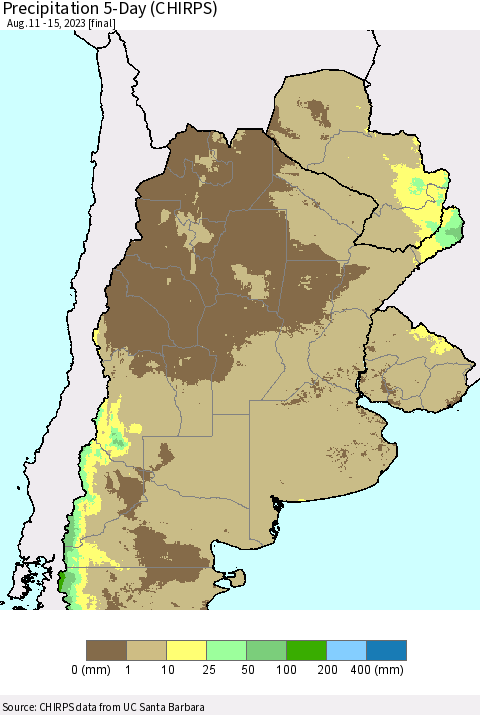 Southern South America Precipitation 5-Day (CHIRPS) Thematic Map For 8/11/2023 - 8/15/2023