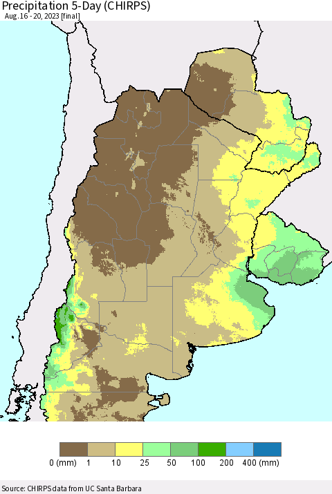 Southern South America Precipitation 5-Day (CHIRPS) Thematic Map For 8/16/2023 - 8/20/2023