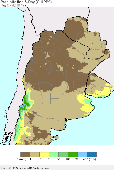 Southern South America Precipitation 5-Day (CHIRPS) Thematic Map For 8/21/2023 - 8/25/2023