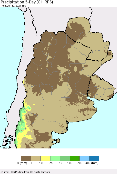 Southern South America Precipitation 5-Day (CHIRPS) Thematic Map For 8/26/2023 - 8/31/2023