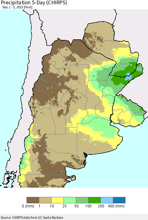 Southern South America Precipitation 5-Day (CHIRPS) Thematic Map For 9/1/2023 - 9/5/2023