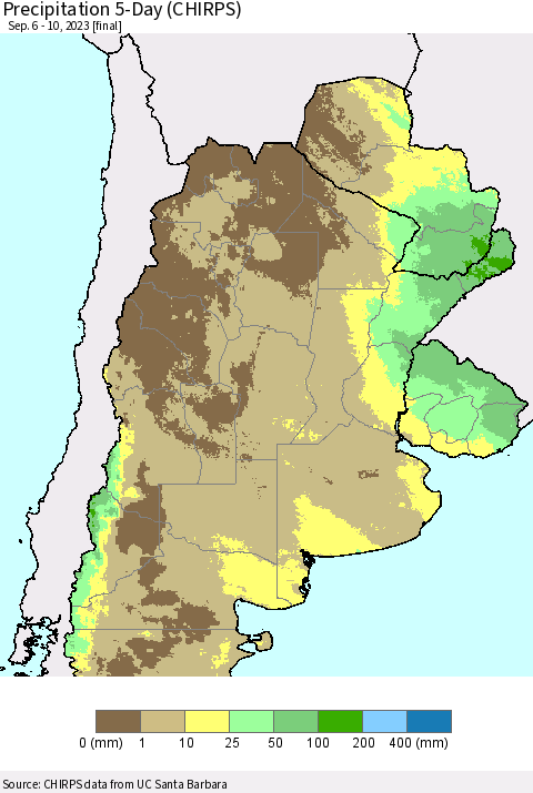 Southern South America Precipitation 5-Day (CHIRPS) Thematic Map For 9/6/2023 - 9/10/2023