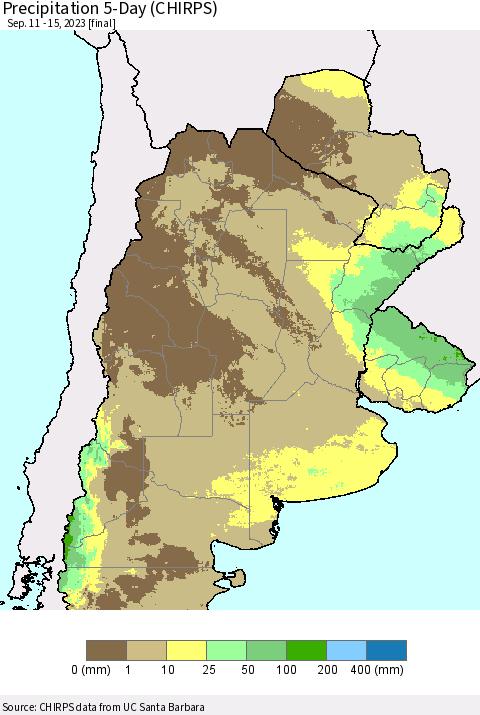 Southern South America Precipitation 5-Day (CHIRPS) Thematic Map For 9/11/2023 - 9/15/2023