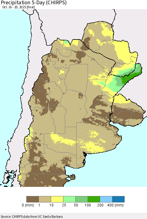 Southern South America Precipitation 5-Day (CHIRPS) Thematic Map For 10/16/2023 - 10/20/2023