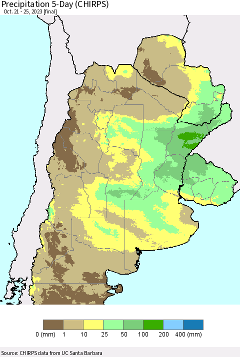 Southern South America Precipitation 5-Day (CHIRPS) Thematic Map For 10/21/2023 - 10/25/2023