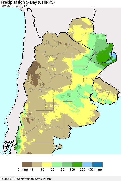 Southern South America Precipitation 5-Day (CHIRPS) Thematic Map For 10/26/2023 - 10/31/2023