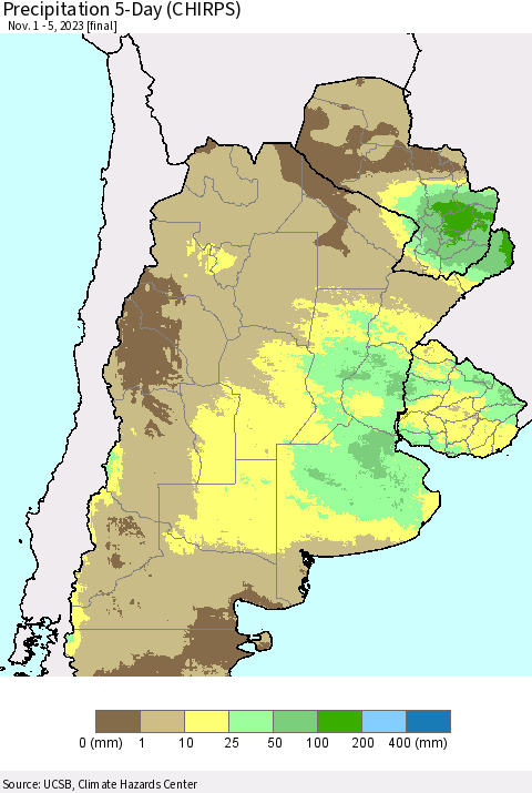 Southern South America Precipitation 5-Day (CHIRPS) Thematic Map For 11/1/2023 - 11/5/2023